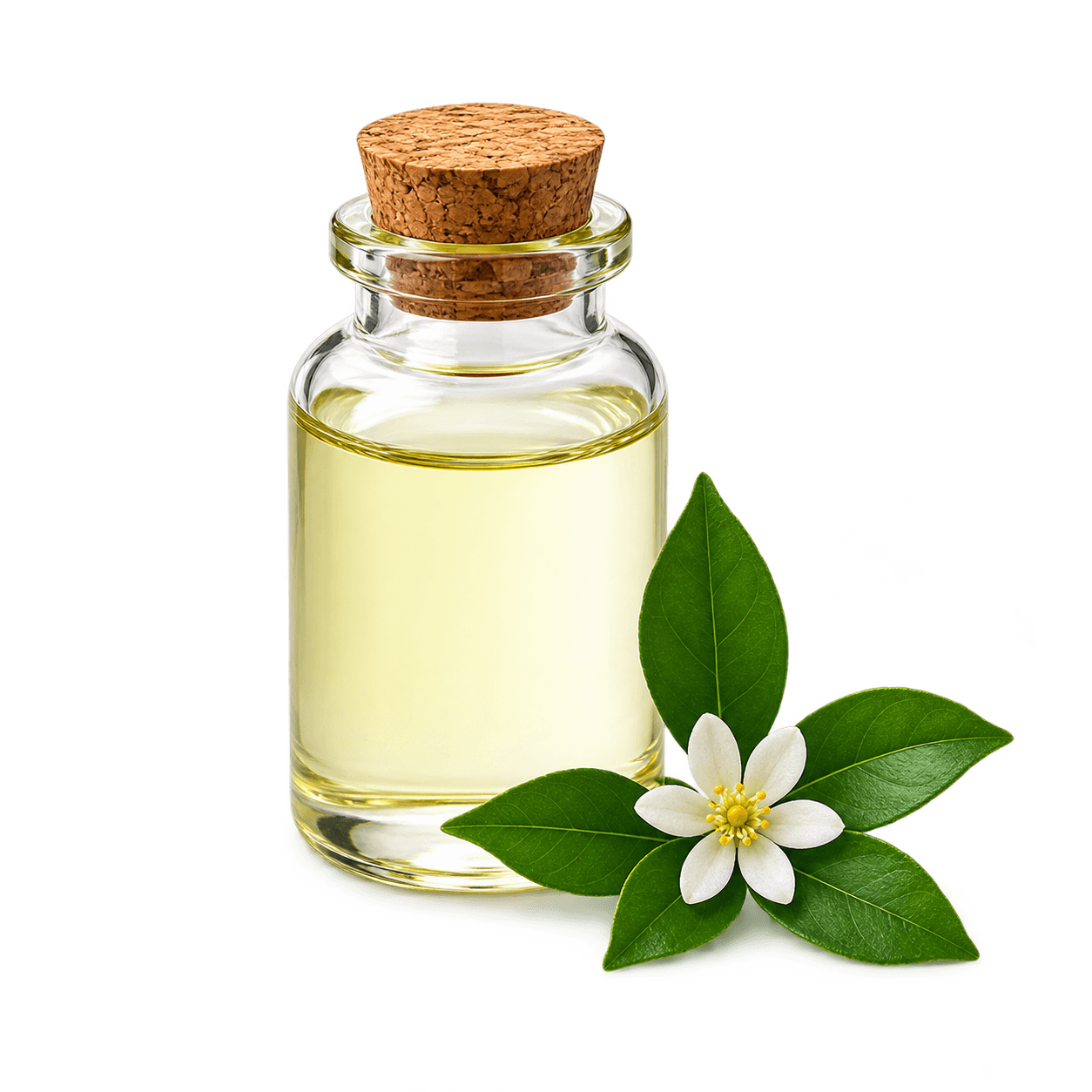 Bottle of camphor oil with blossom and leaves