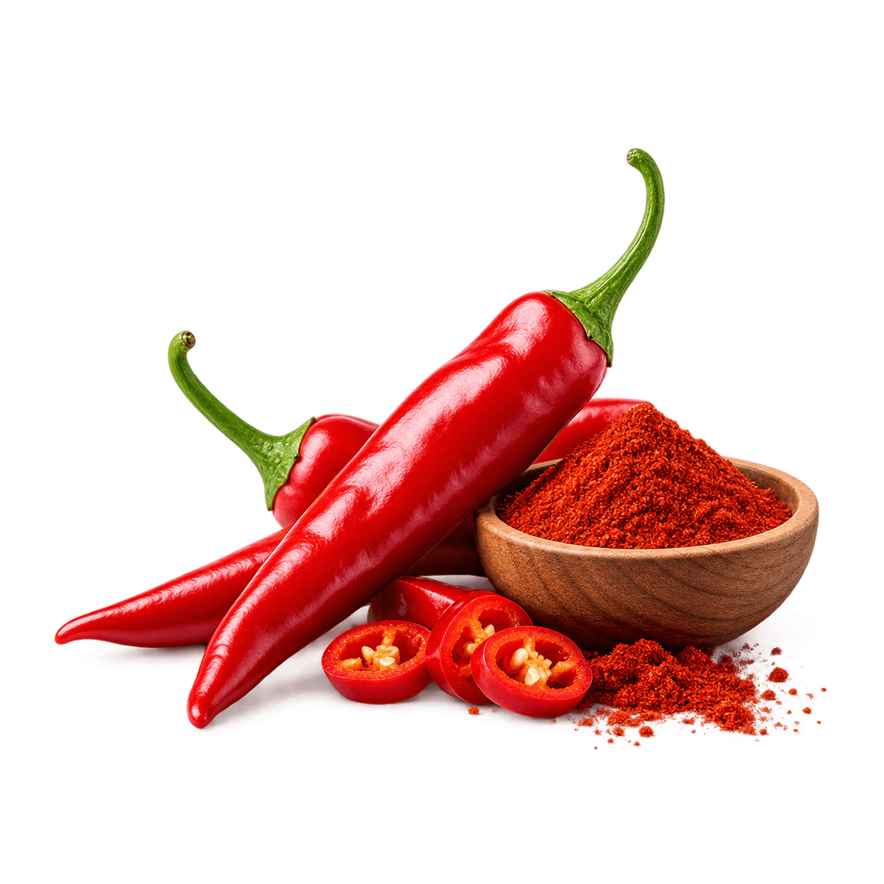 Red capsicum chili peppers and ground powder