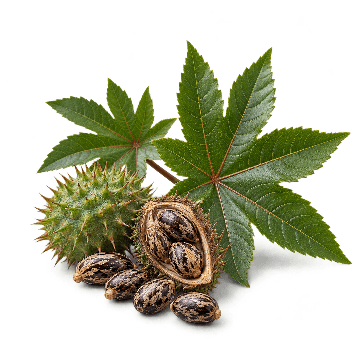 Castor plant leaves and spiky seed pods
